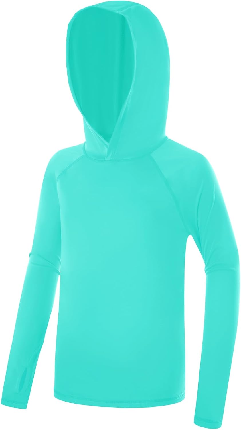 Boys' UPF 50+ Hooded Rash Guard – Long Sleeve Quick-Dry Swim Shirt for Fishing & Beach (UV Sun Protection, Lightweight, 5 oz)