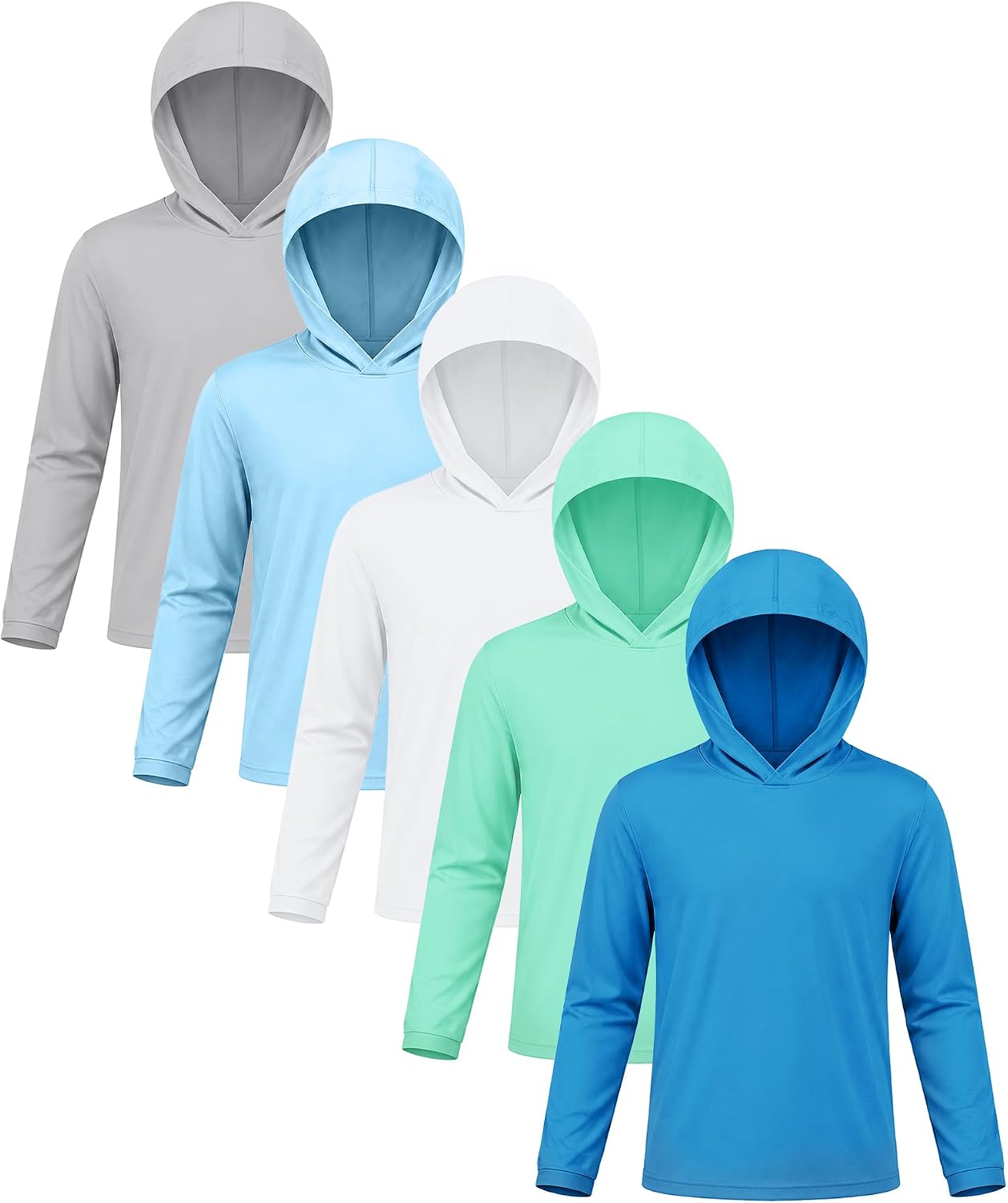 5-Pack Kids' UPF 50+ Hooded Rash Guards – Long Sleeve Swim & Fishing Shirts for Boys & Girls (Quick-Dry, Stretch, 4.9 oz each)